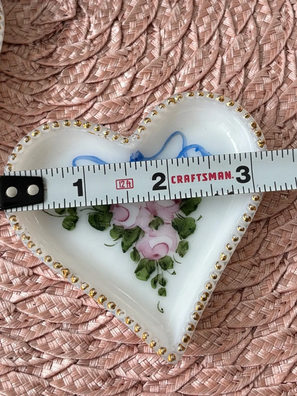 Vintage Milk Glass Hand Painted Flowers Heart Shaped Trinket Dish (set of 2)